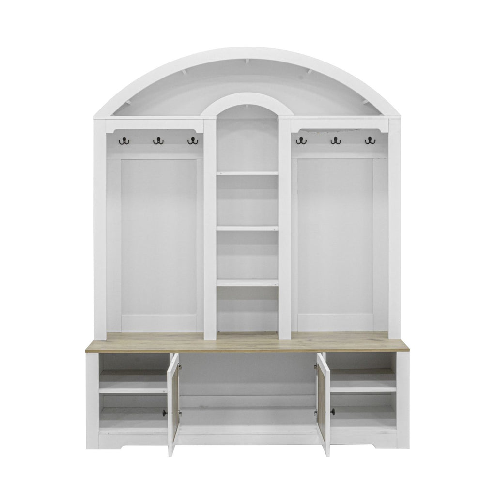 Curved Entryway Wardrobe with Shelves, Cabinets and Hooks