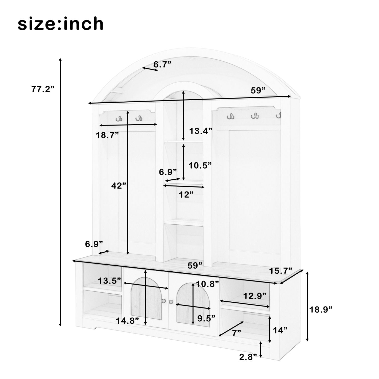 Curved Entryway Wardrobe with Shelves, Cabinets and Hooks