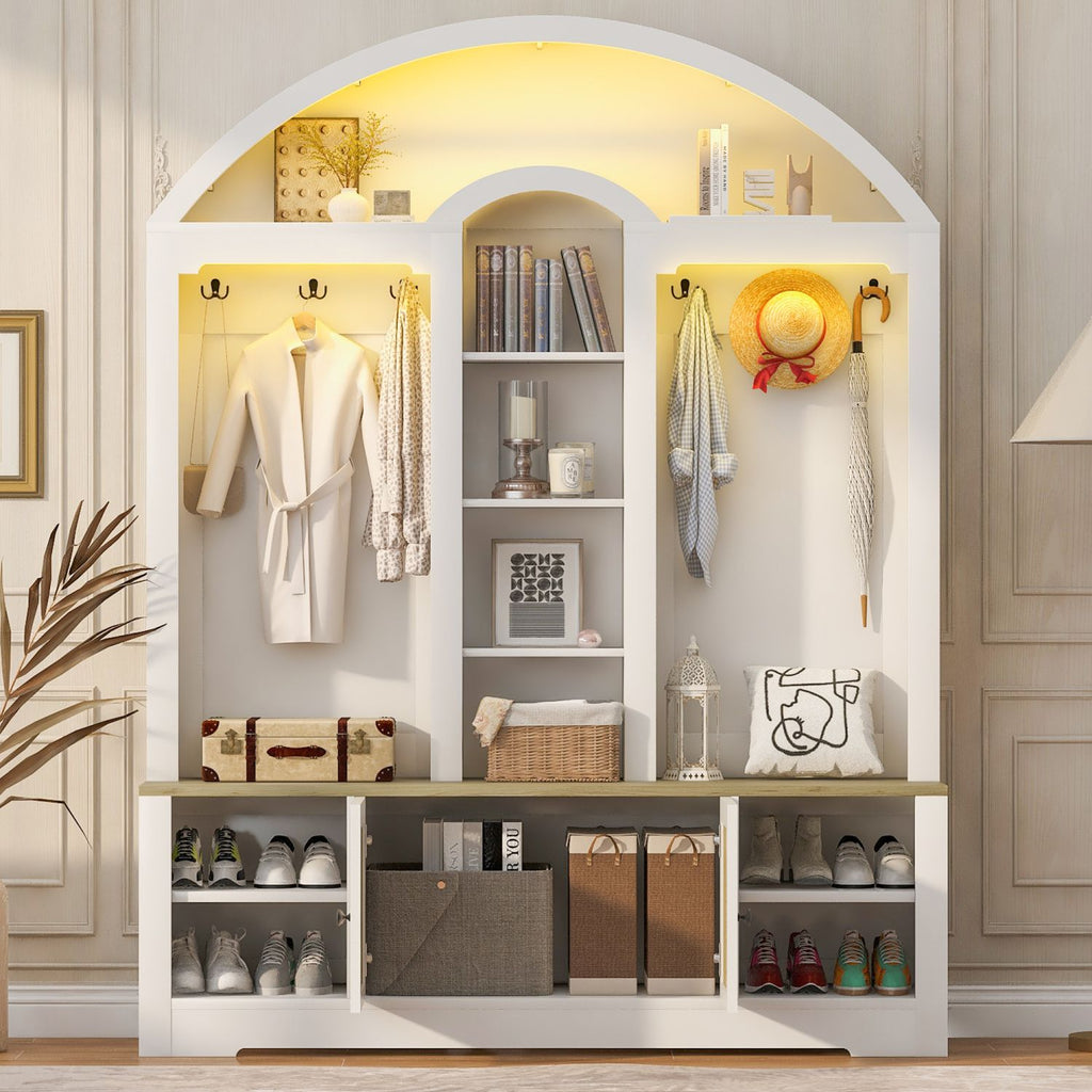 Curved Entryway Wardrobe with Shelves, Cabinets and Hooks