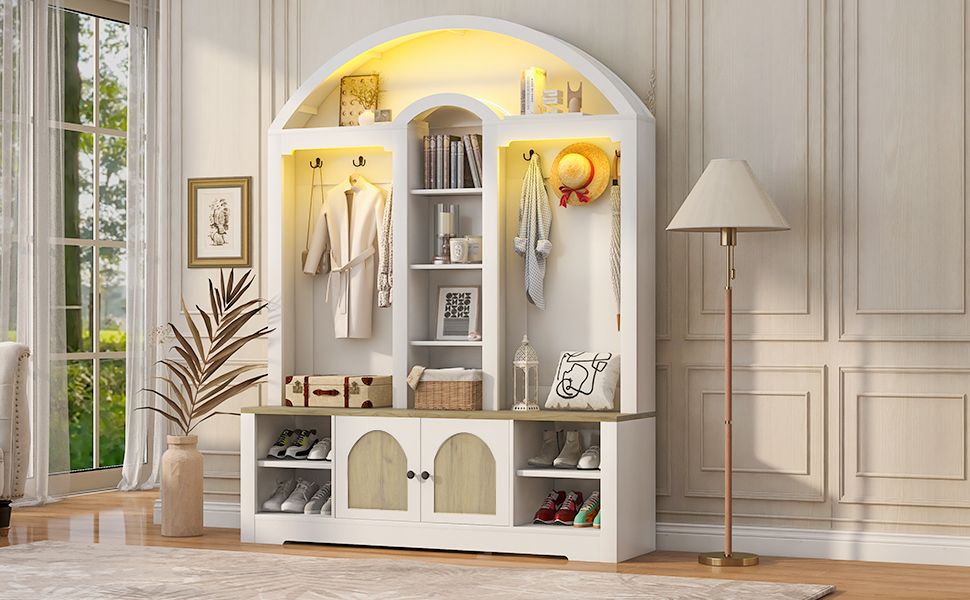 Curved Entryway Wardrobe with Shelves, Cabinets and Hooks