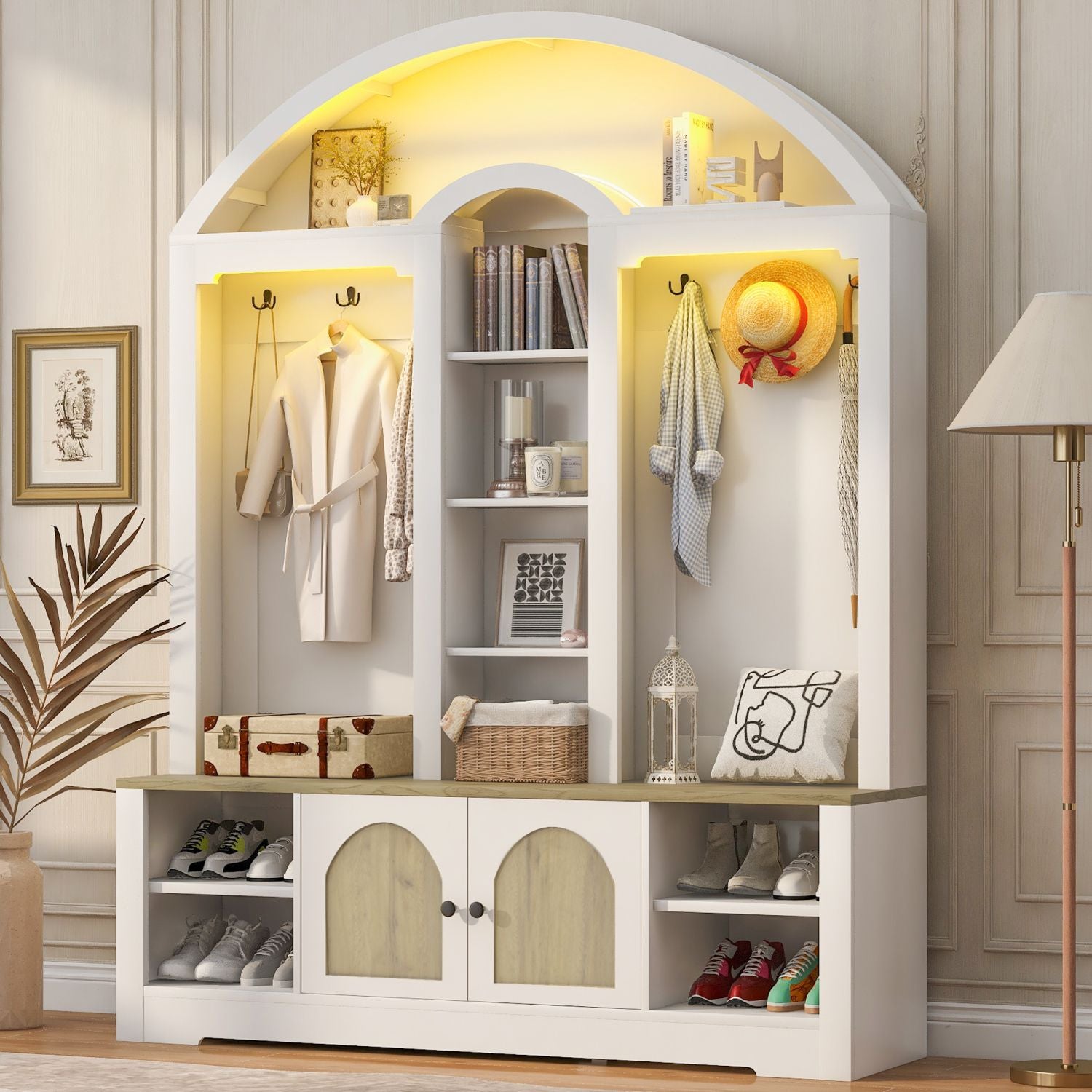 Curved Entryway Wardrobe with Shelves, Cabinets and Hooks