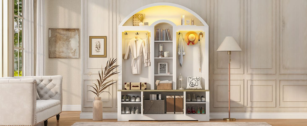 Curved Entryway Wardrobe with Shelves, Cabinets and Hooks