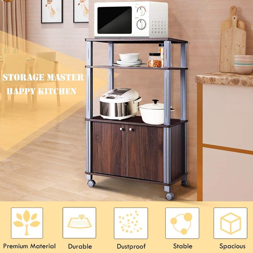 Multifunctional Rolling Kitchen Baker's Rack with 2-Tier Shelf and Cabinet