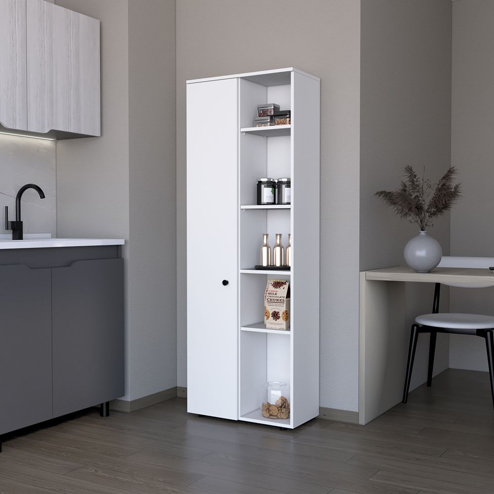 Multistorage Kitchen Pantry with Multiple Shelf Heights and Contemporary White Finish