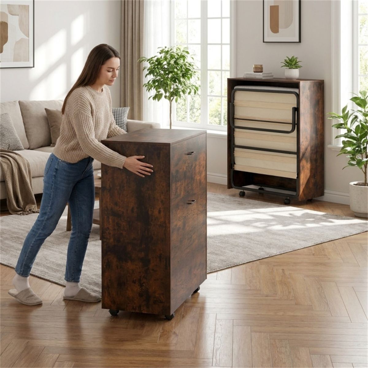 Rolling Foldable Cabinet Bed for Flexible Guest Spaces