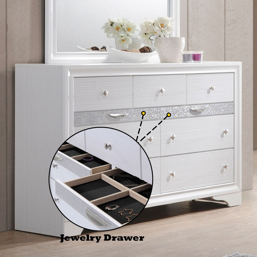 Naima Textured White Dresser with Jewelry Drawer