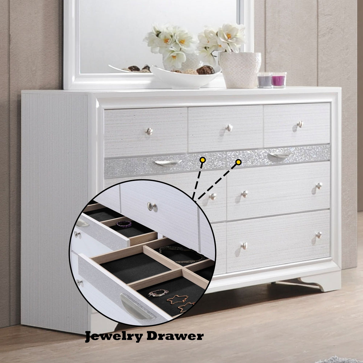 Naima Textured White Dresser with Jewelry Drawer