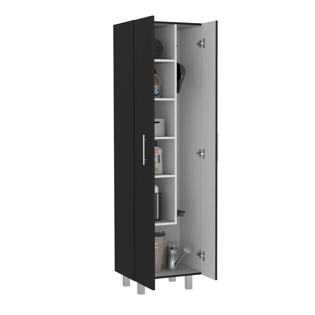 Double-Door Cleaning Cabinet with Five Shelves – Black/White