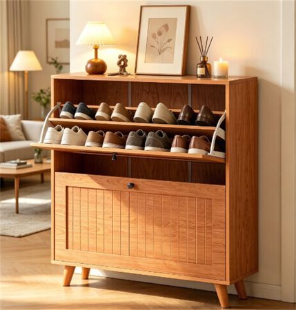 Slim Shoe Cabinet with Flip Drawers and Adjustable Shelves
