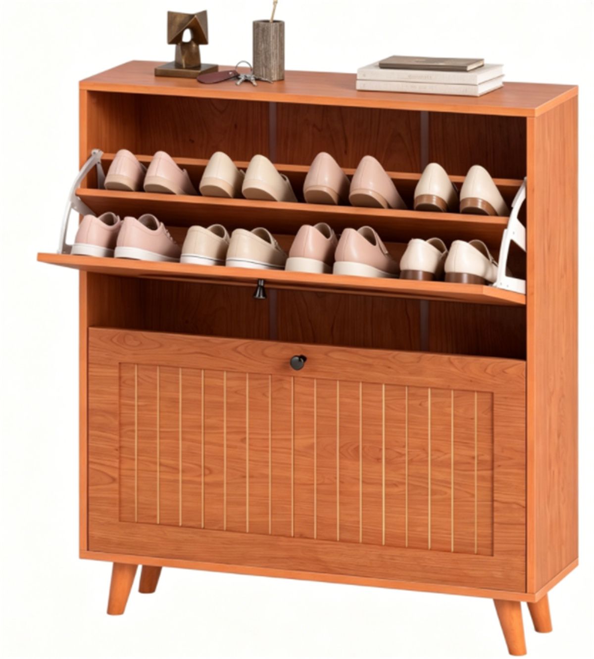 Slim Shoe Cabinet with Flip Drawers and Adjustable Shelves