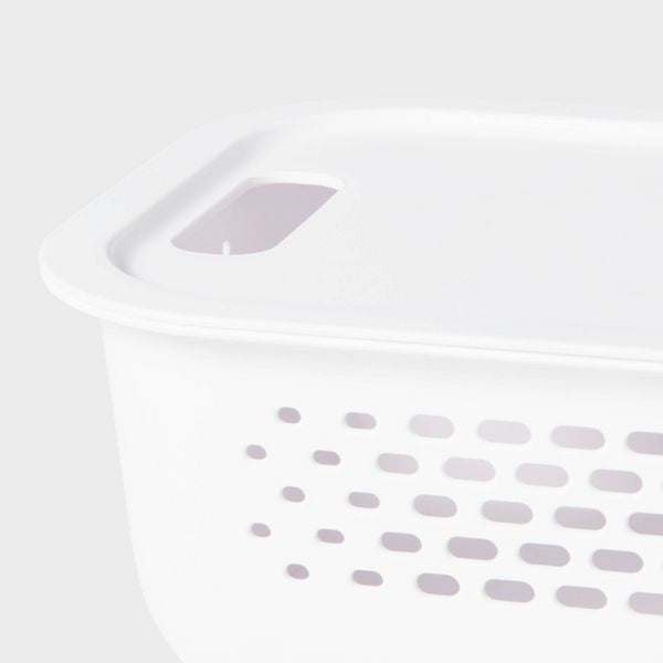 Narrow White Decorative Bin with Cut-Out Handles