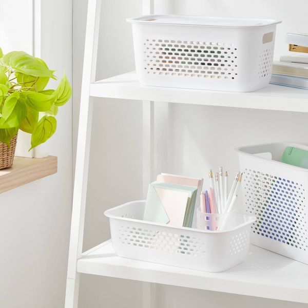 Narrow White Decorative Bin with Cut-Out Handles