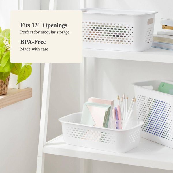 Narrow White Decorative Bin with Cut-Out Handles