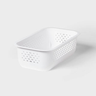 Narrow White Decorative Bin with Cut-Out Handles