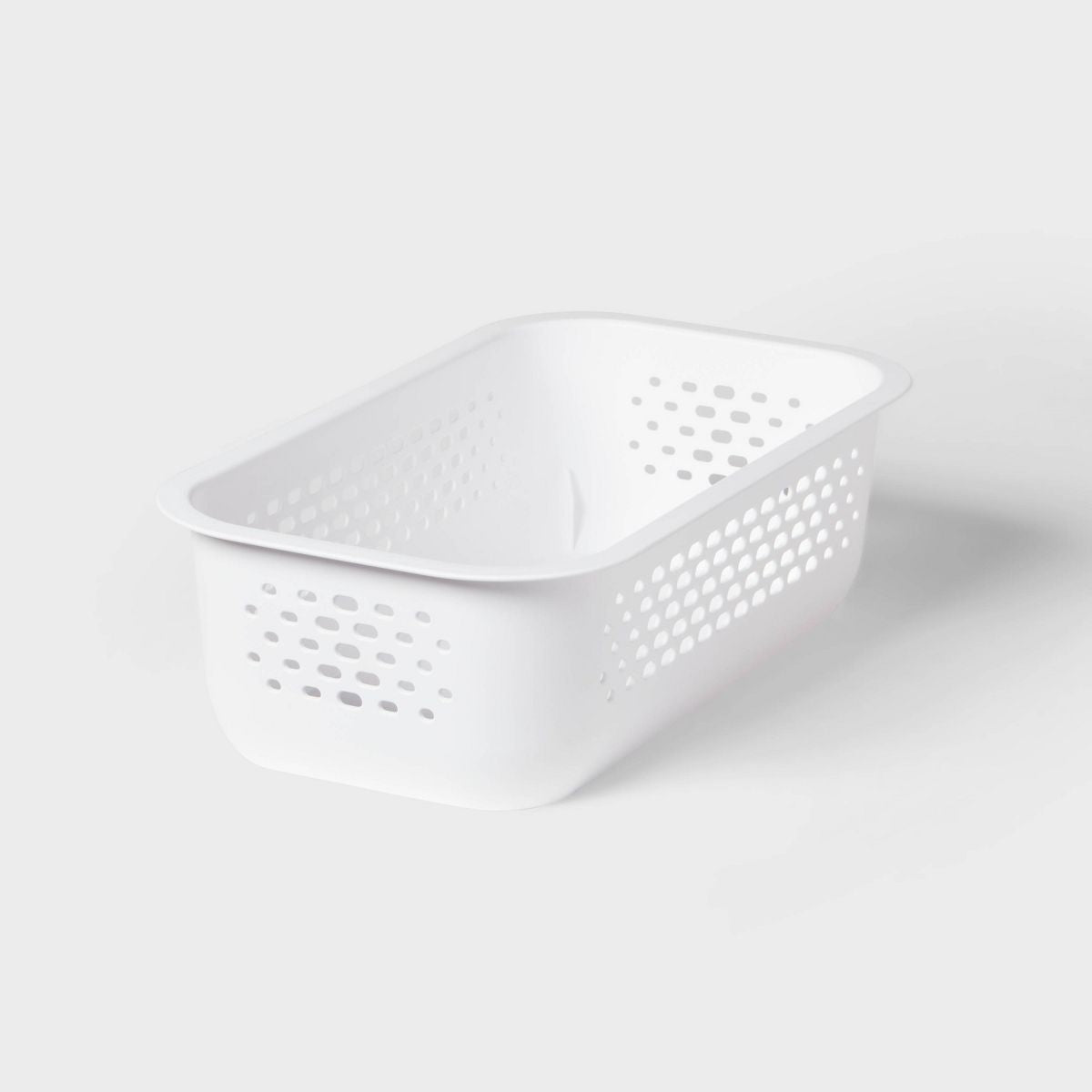 Narrow White Decorative Bin with Cut-Out Handles