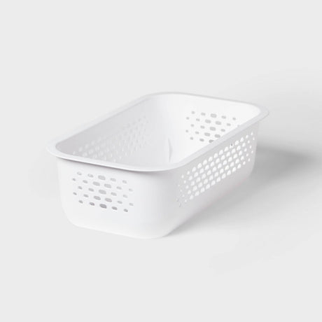 Narrow White Decorative Bin with Cut-Out Handles
