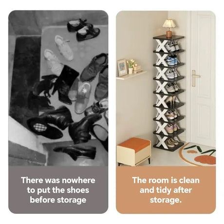 Narrow Vertical Shoe Rack – Holds 9 Pairs, Stackable Plastic Design for Small Spaces