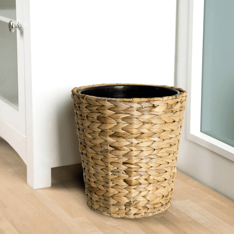 Natural-Finish Woven Trash Can