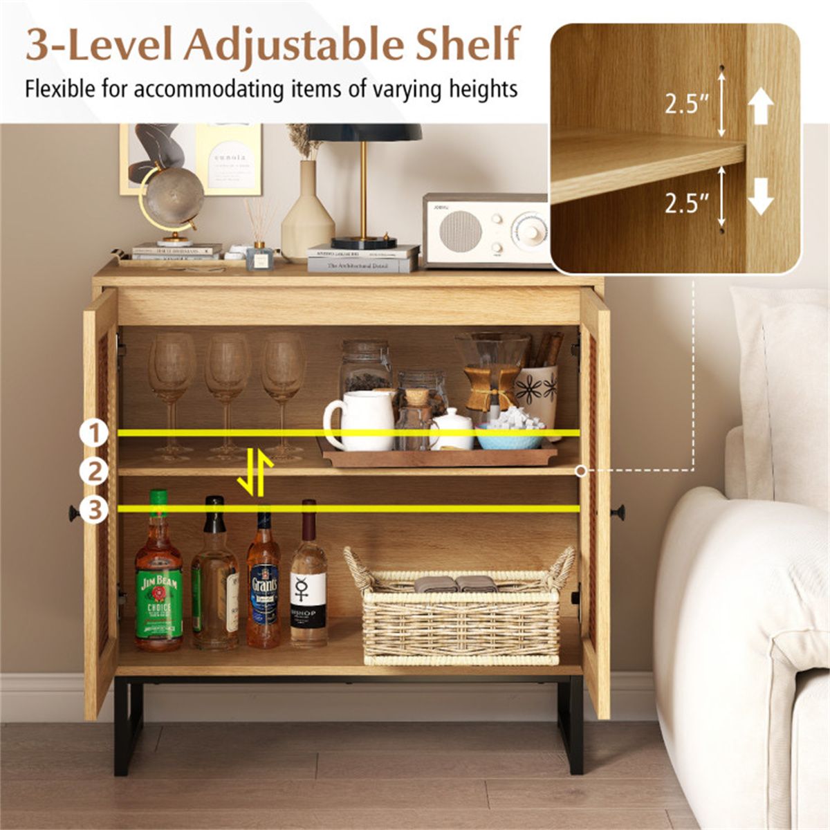 Boho Wicker-Door Buffet Cabinet with Adjustable Shelf