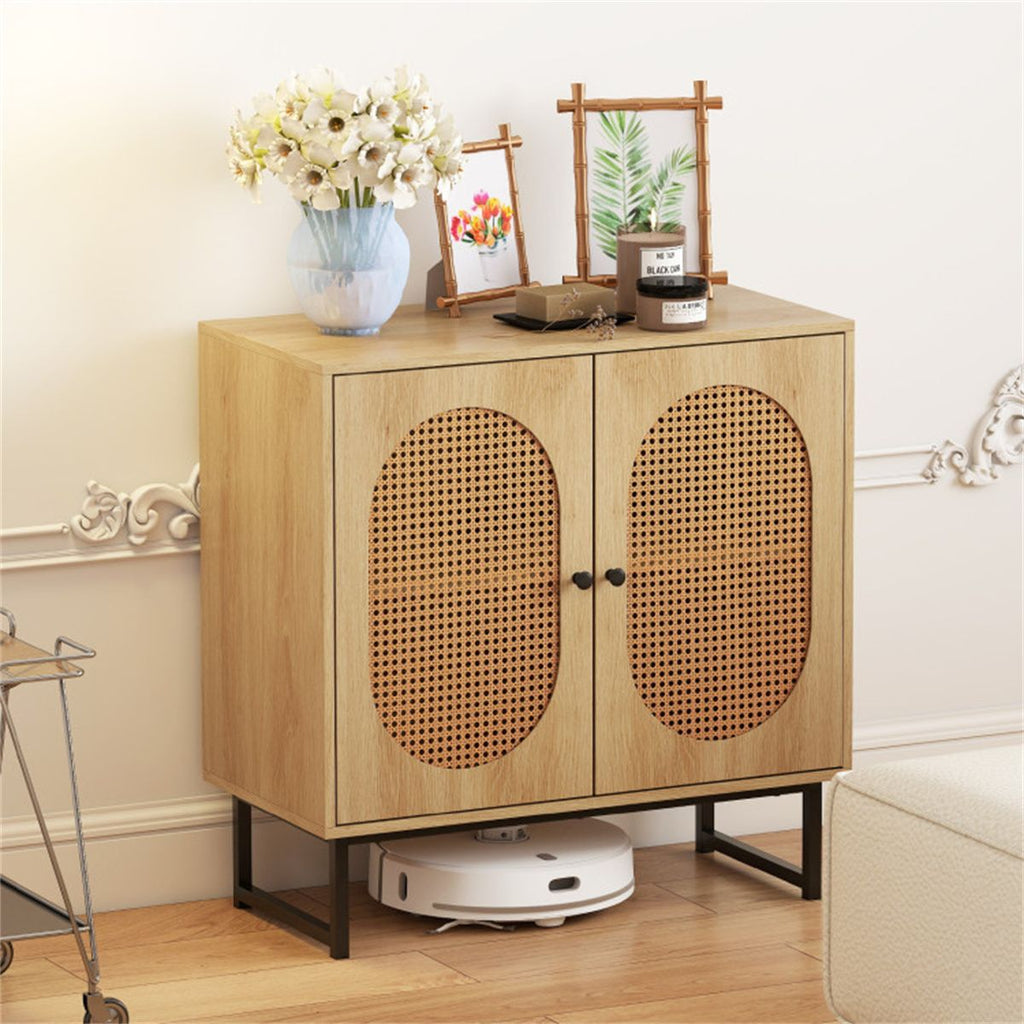 Boho Wicker-Door Buffet Cabinet with Adjustable Shelf