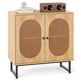 Boho Wicker-Door Buffet Cabinet with Adjustable Shelf