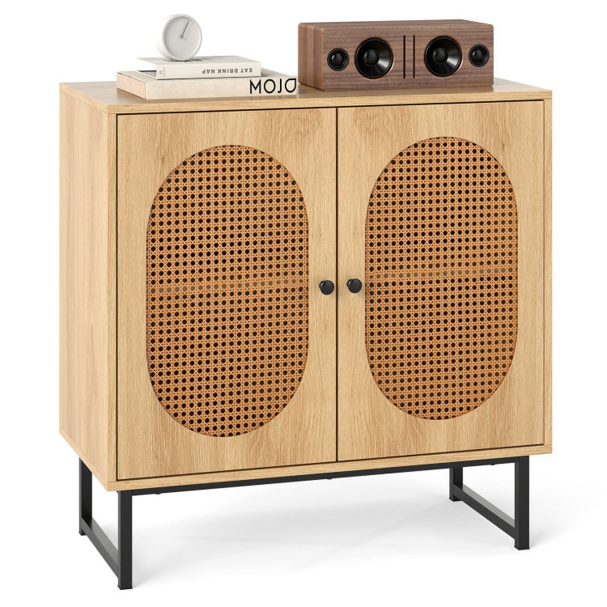 Boho Wicker-Door Buffet Cabinet with Adjustable Shelf