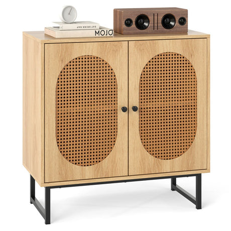 Boho Wicker-Door Buffet Cabinet with Adjustable Shelf