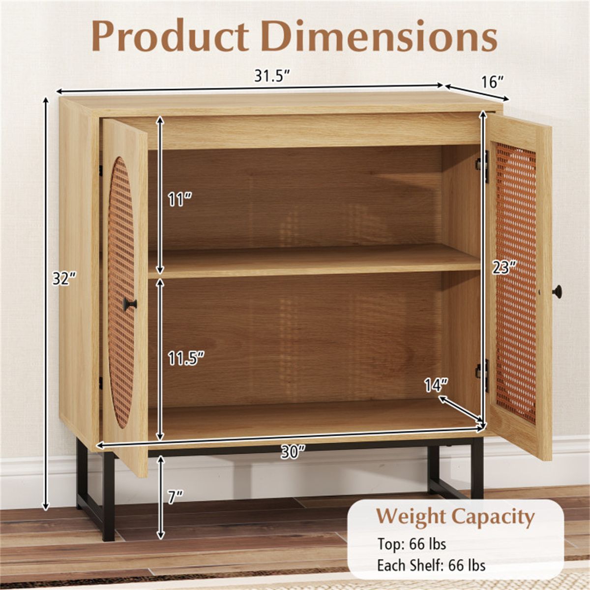 Boho Wicker-Door Buffet Cabinet with Adjustable Shelf