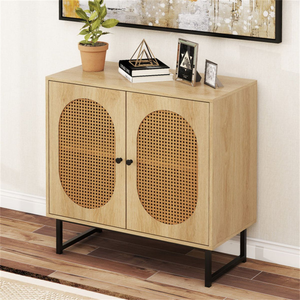 Boho Wicker-Door Buffet Cabinet with Adjustable Shelf