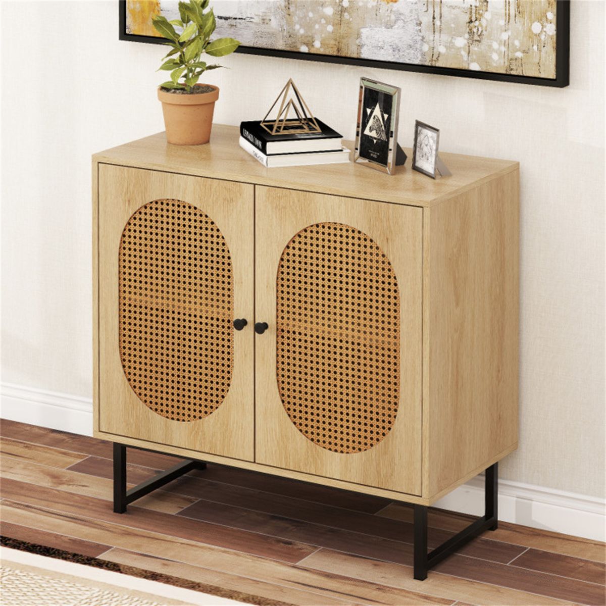 Boho Wicker-Door Buffet Cabinet with Adjustable Shelf