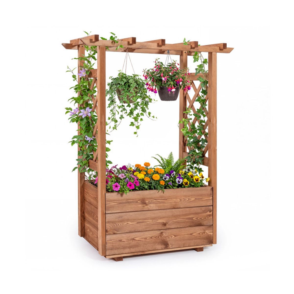 Natural Pine Raised Garden Bed with Trellis & Hanging Roof