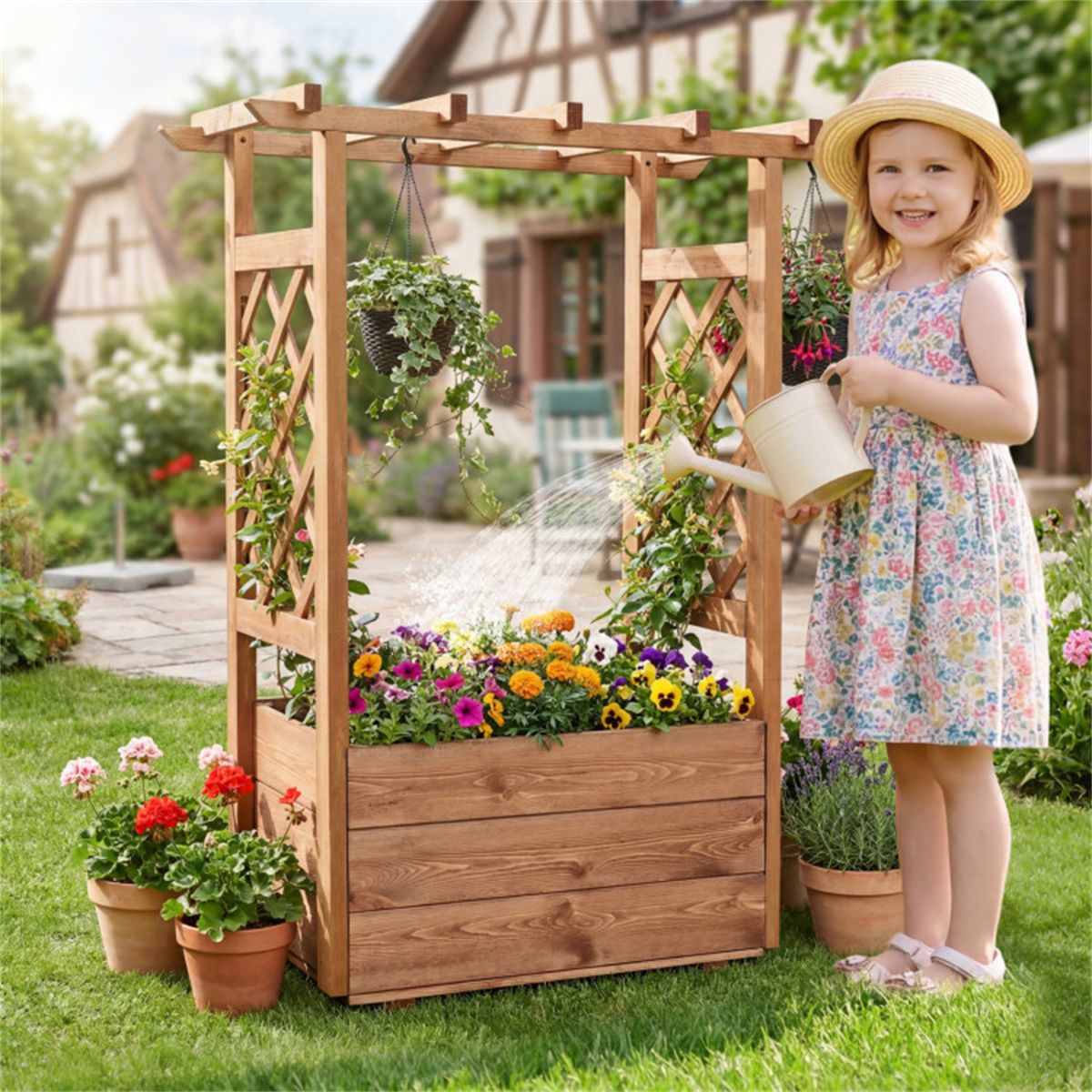 Natural Pine Raised Garden Bed with Trellis & Hanging Roof