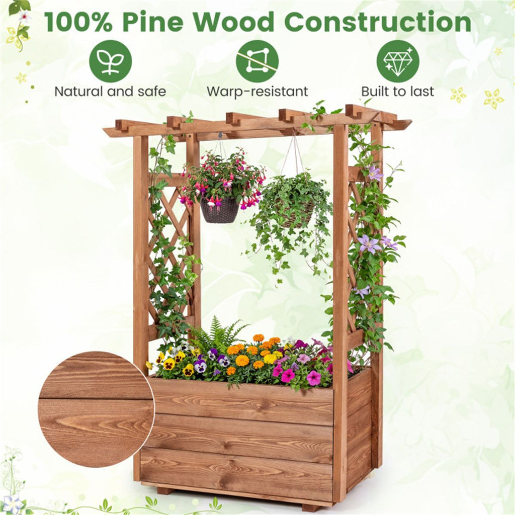 Natural Pine Raised Garden Bed with Trellis & Hanging Roof