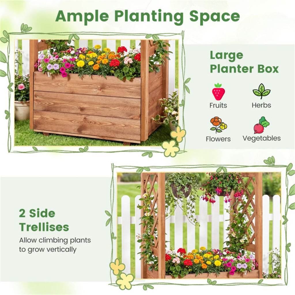 Natural Pine Raised Garden Bed with Trellis & Hanging Roof