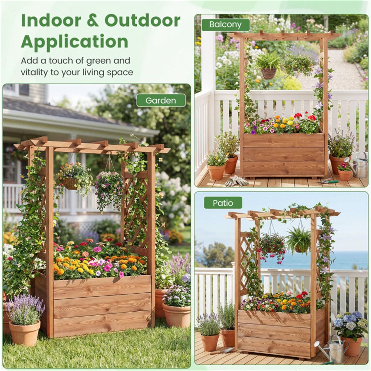 Natural Pine Raised Garden Bed with Trellis & Hanging Roof