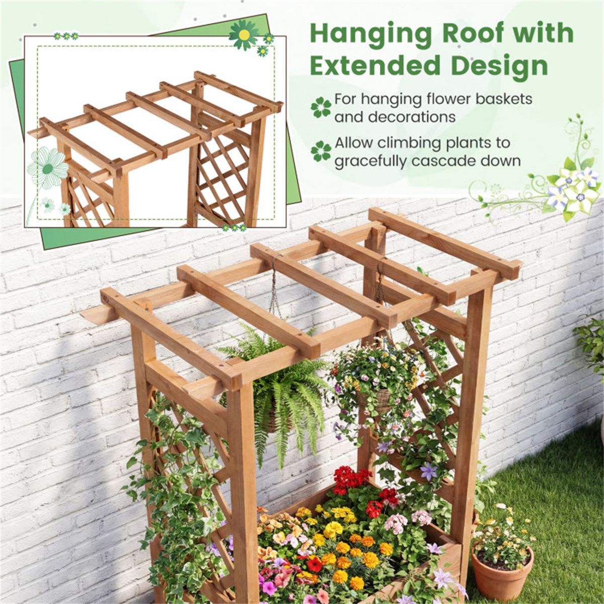 Natural Pine Raised Garden Bed with Trellis & Hanging Roof