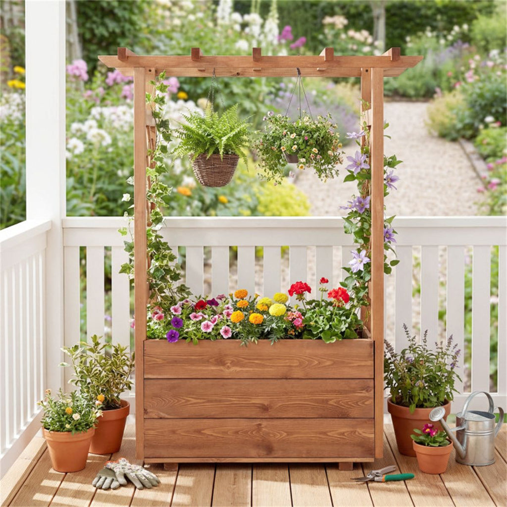 Natural Pine Raised Garden Bed with Trellis & Hanging Roof