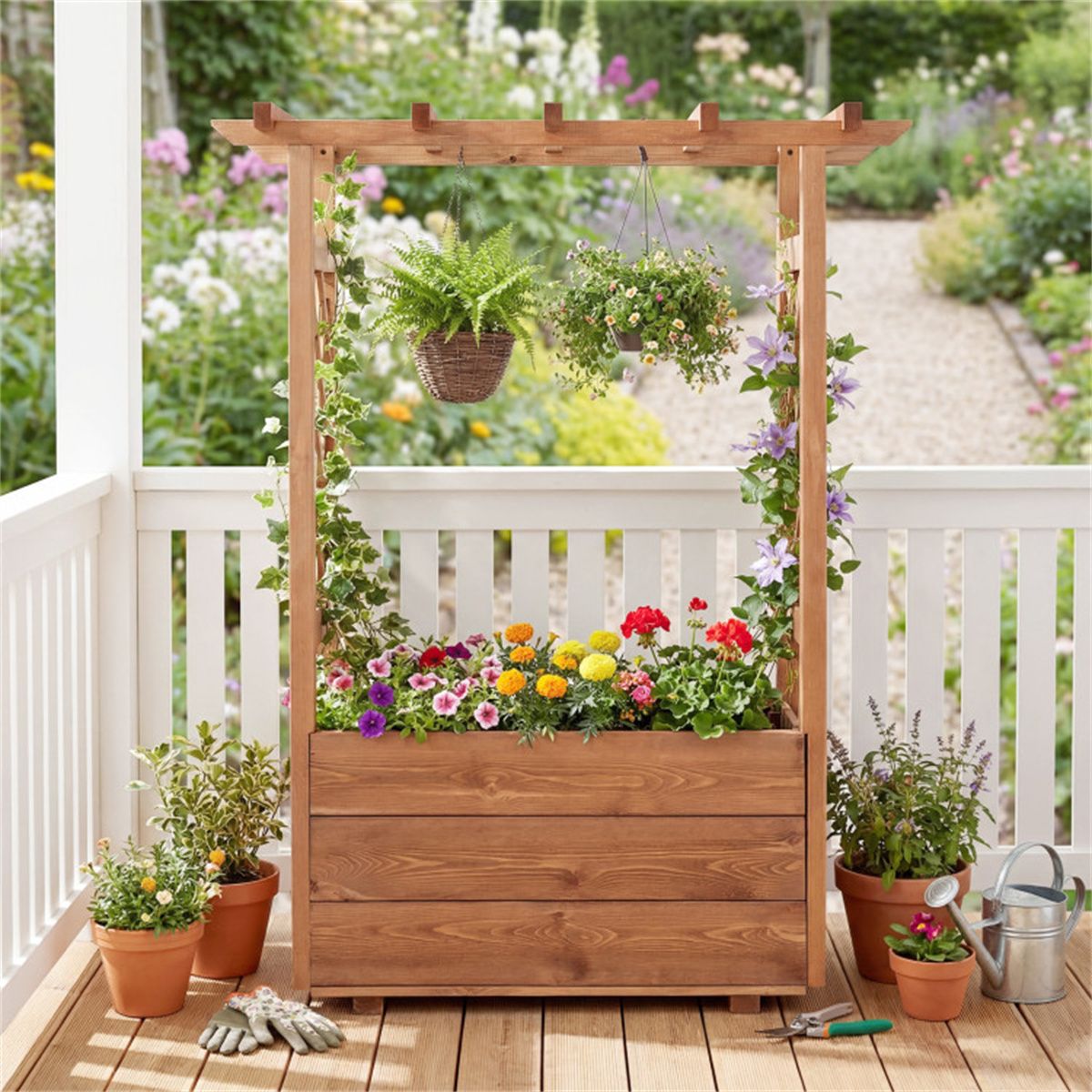 Natural Pine Raised Garden Bed with Trellis & Hanging Roof