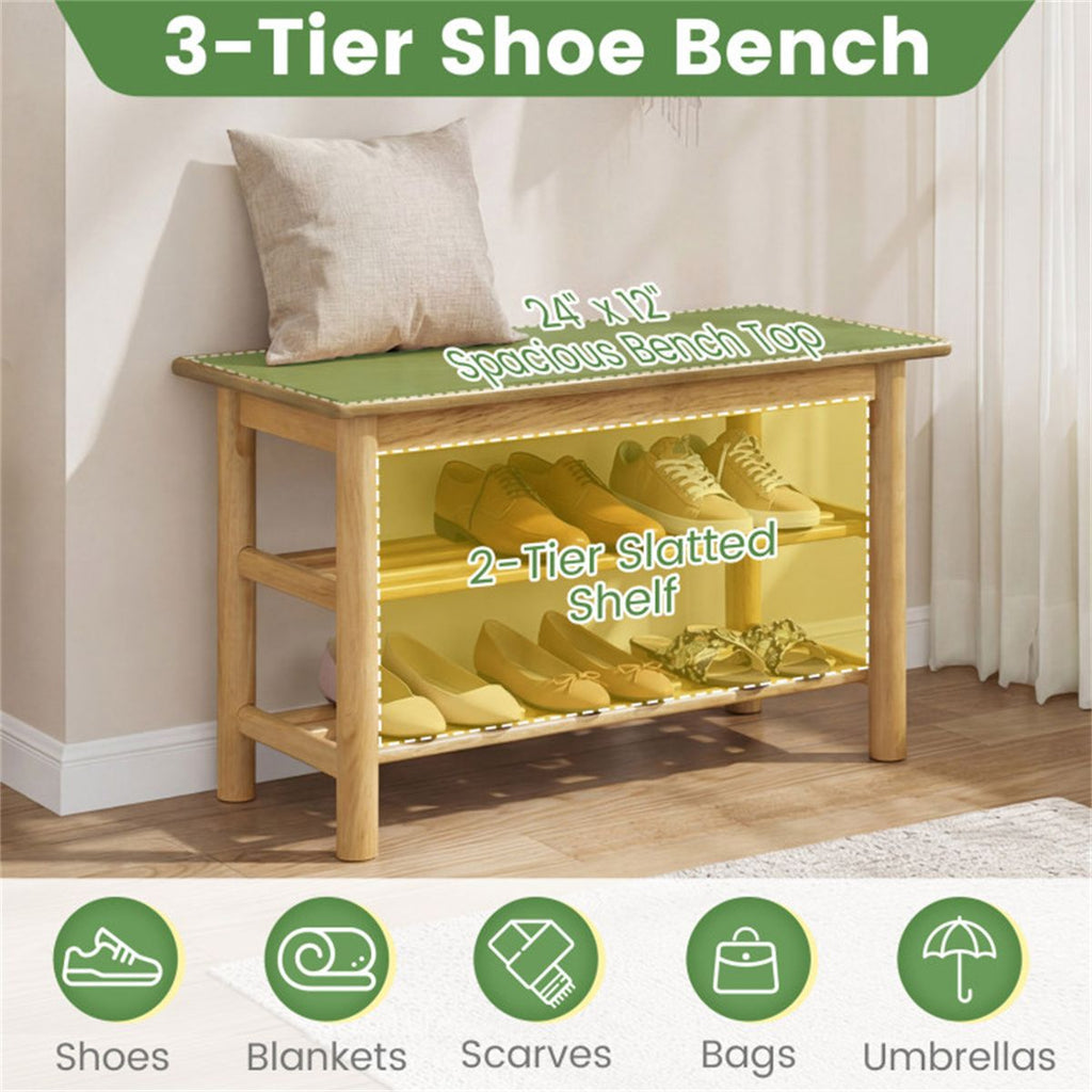 Three-Tier Shoe Rack Bench with Slatted Shelves