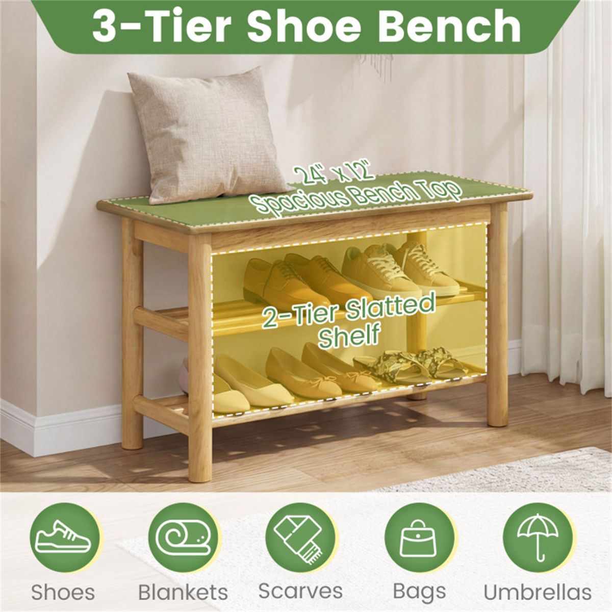 Three-Tier Shoe Rack Bench with Slatted Shelves