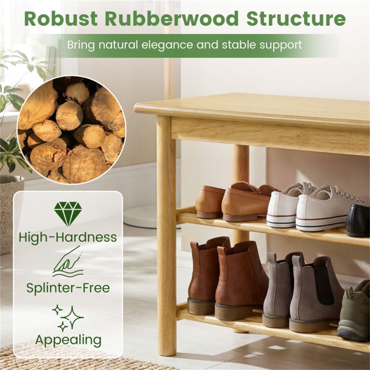 Three-Tier Shoe Rack Bench with Slatted Shelves