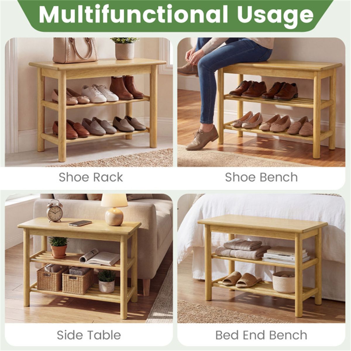 Three-Tier Shoe Rack Bench with Slatted Shelves
