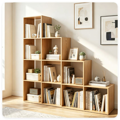 Natural Stepped 10-Cube Open Bookshelf 4-Tier Engineered Wood Storage Display Rack with