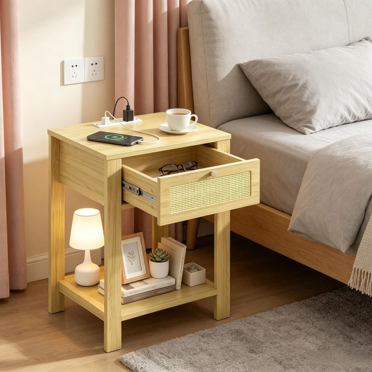 Natural Wood End Table Set of 2 with Charging Station Bed Side Tables with Drawer Storage