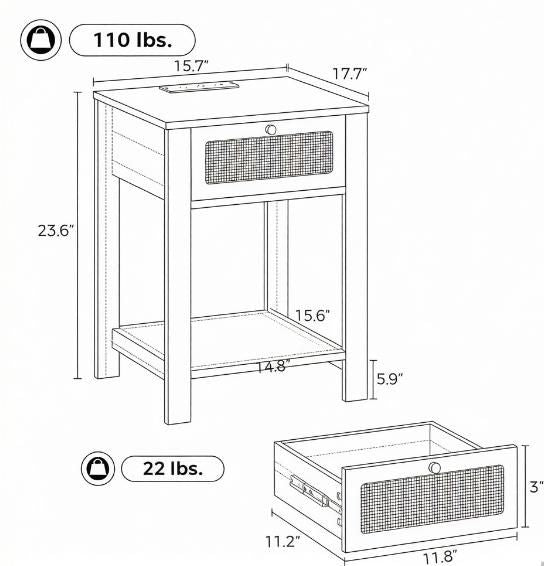 Natural Wood End Table Set of 2 with Charging Station Bed Side Tables with Drawer Storage