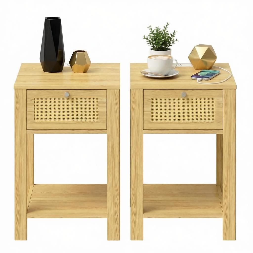 Natural Wood End Table Set of 2 with Charging Station Bed Side Tables with Drawer Storage