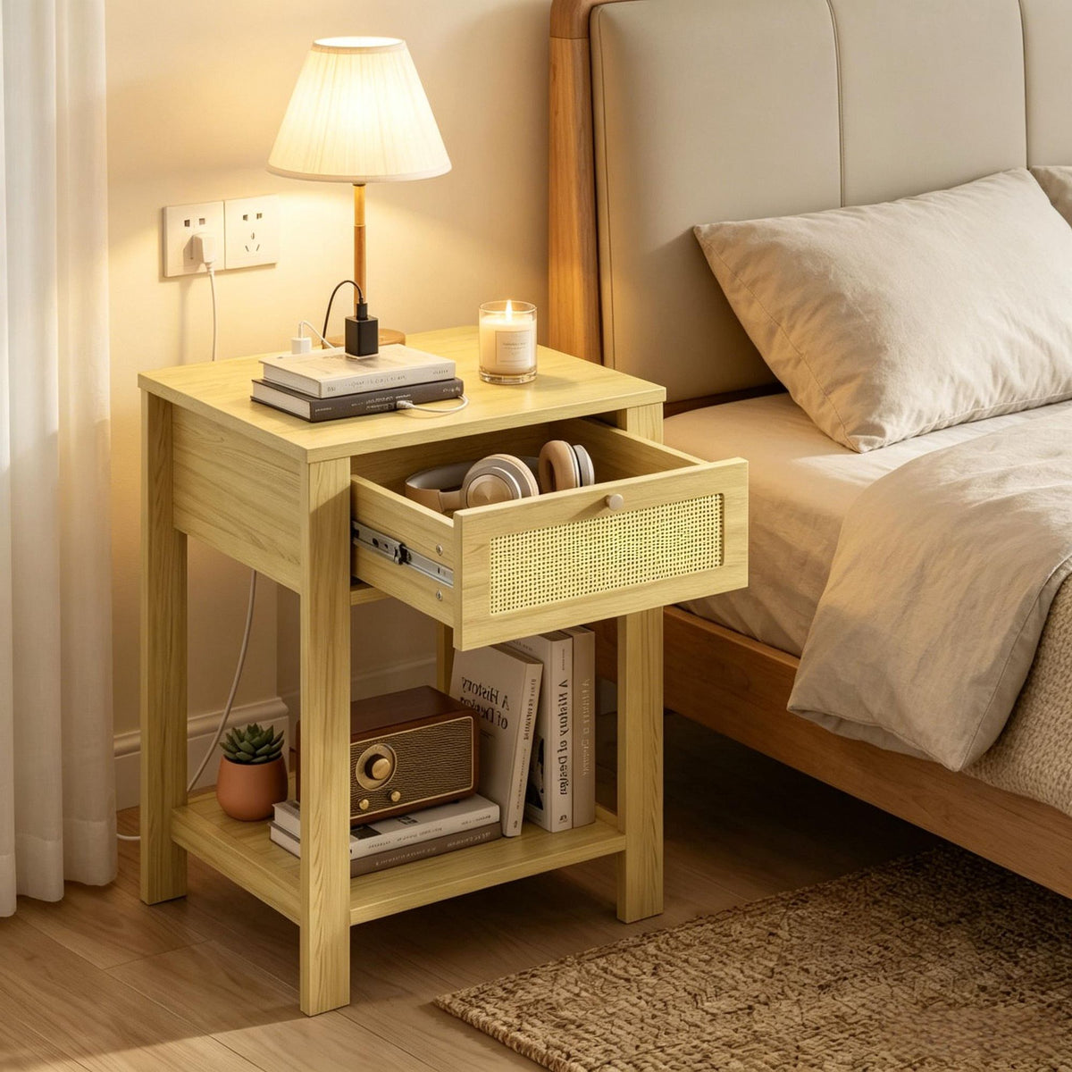 Natural Wood End Table Set of 2 with Charging Station Bed Side Tables with Drawer Storage