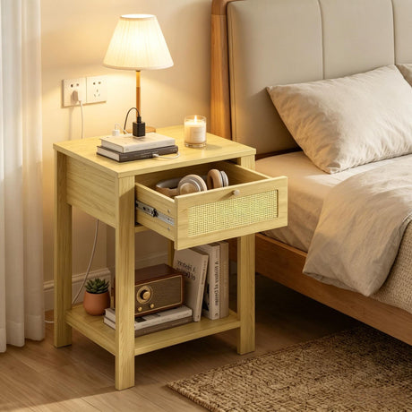 Natural Wood End Table Set of 2 with Charging Station Bed Side Tables with Drawer Storage