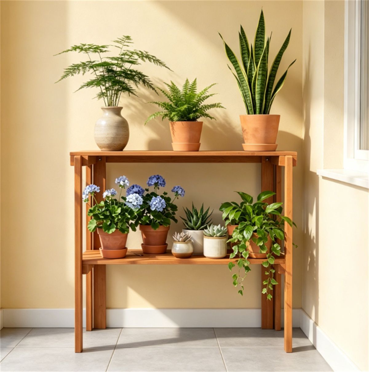 Natural Wood Folding Shelf for Shoes and Plants – 2-Tier Slatted Storage