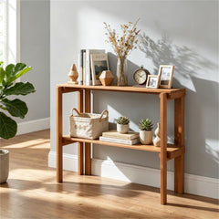 Natural Wood Folding Shelf for Shoes and Plants – 2-Tier Slatted Storage